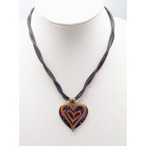 Chico's 3D Accent Beads Heart Pendant Triple Leather Cord 20" Long Necklace
